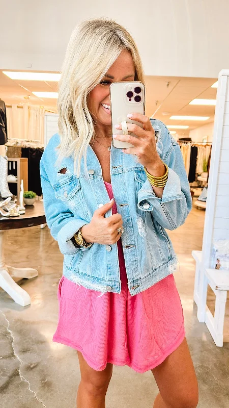 Stretch Design Distressed Crop Denim Jacket