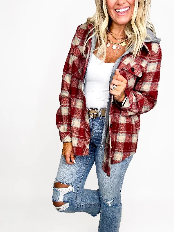 Romantic And Fresh Plaid Hoodie Shacket - Red