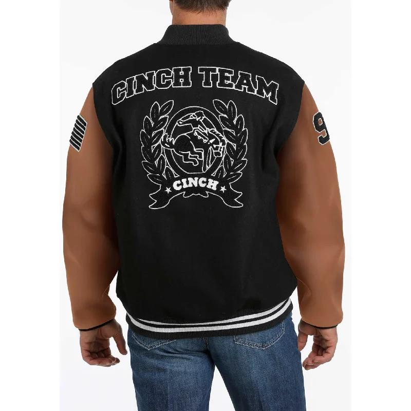 High-quality Fabrics Cinch Black and Brown Letterman Jacket
