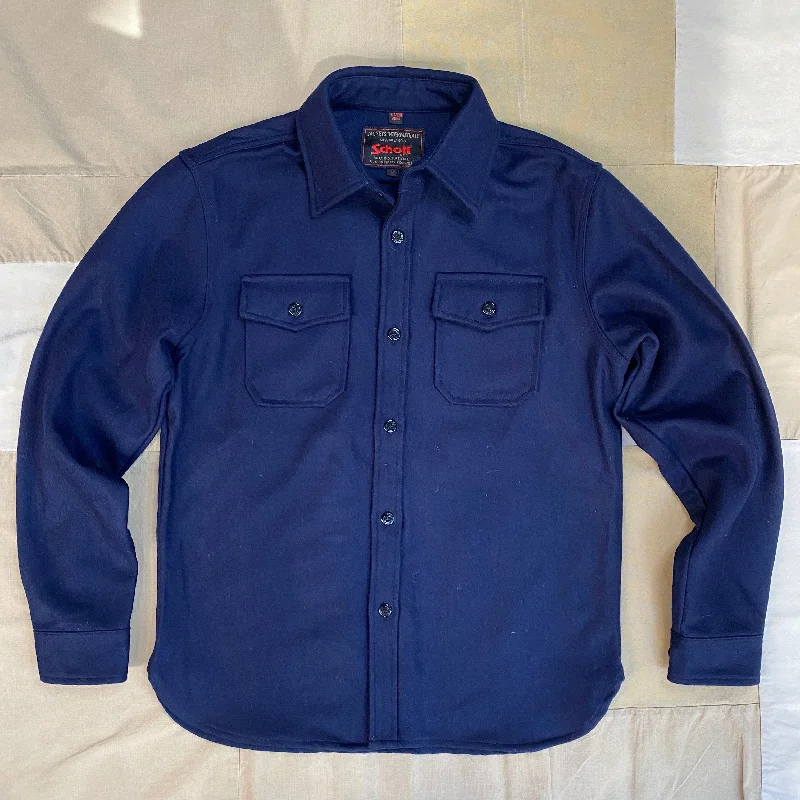 Slightly Flared Design CPO Wool Button Down Shirt, Navy Blue