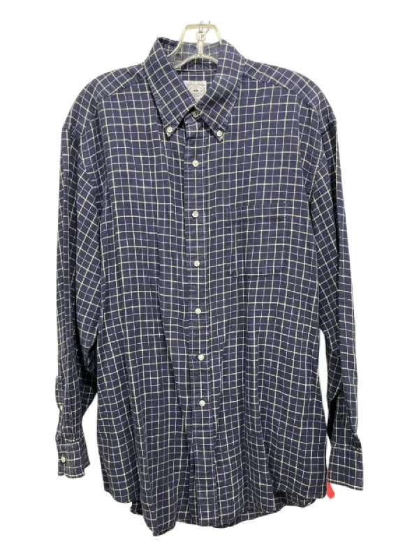 Retro Design Brooks Brothers Size L Blue & Yellow Linen Blend Plaid Men's Long Sleeve Shirt Retro Design Brooks Brothers Size L Blue & Yellow Linen Blend Plaid Men's Long Sleeve Shirt
