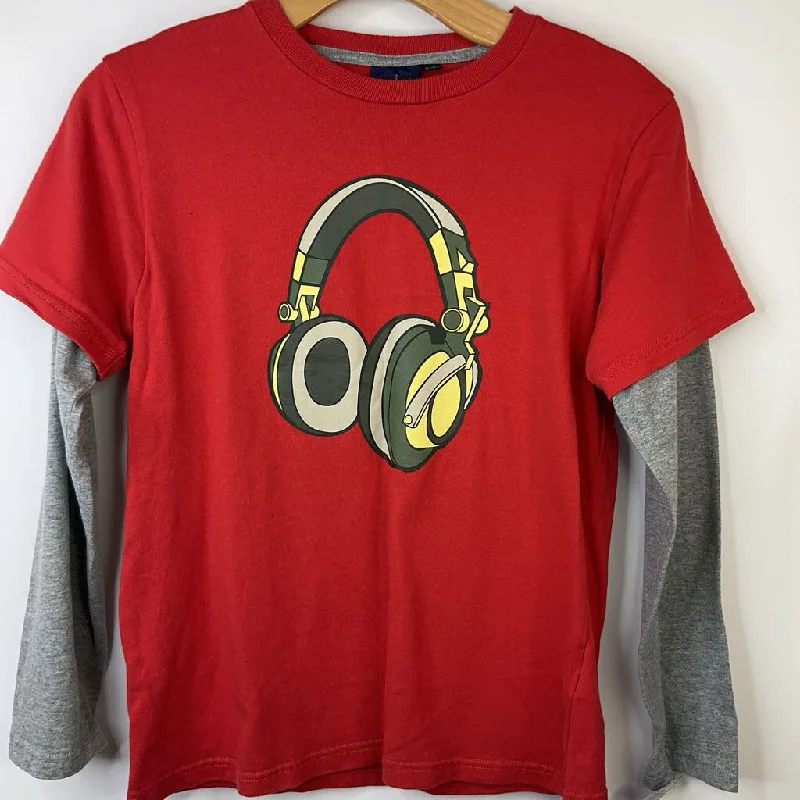 French Style Size 9-10: Mini Boden Red/Grey Headphones Long Sleeve Shirt