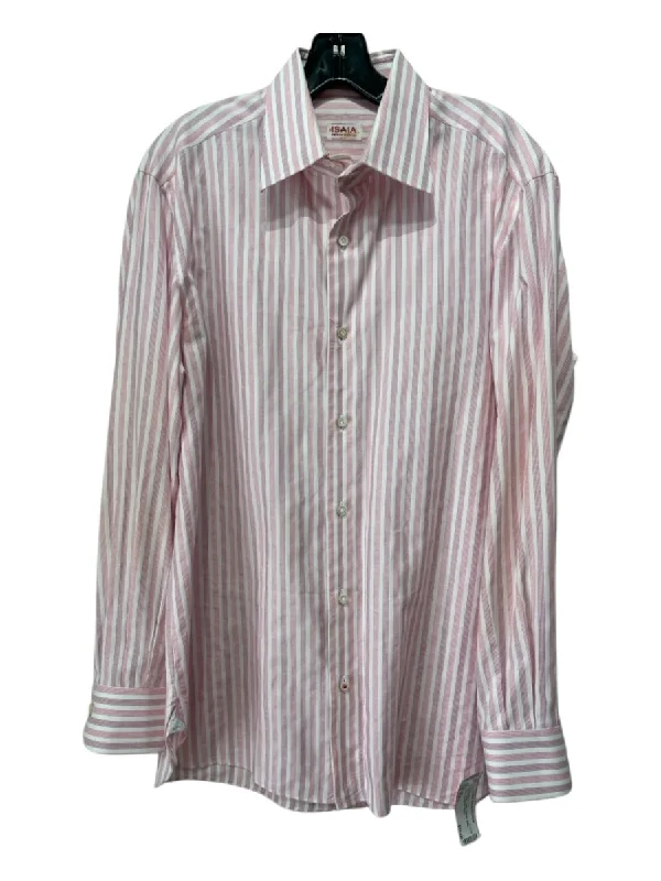 Isaia Size Est L Pink & White Cotton Striped Button Down Men's Long Sleeve Shirt