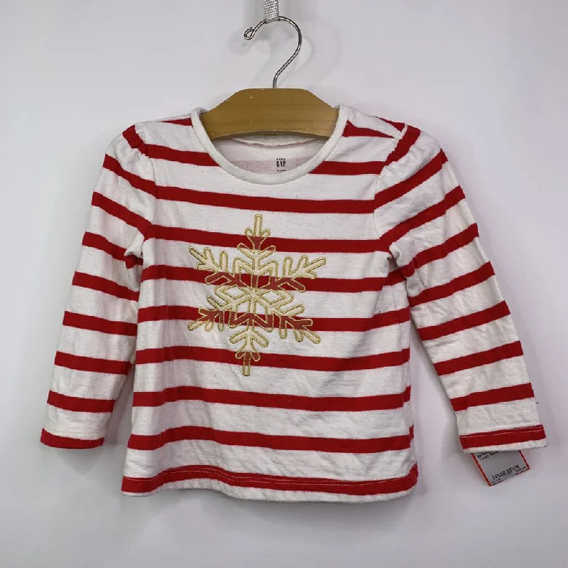 Minimalism Size 2: Baby Gap White/Red Stripe w/Gold Snowflake Long Sleeve Shirt