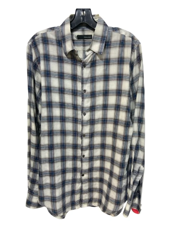 Fashionable Prints Dsquared Size 46 White & Blue Cotton Plaid Button Down Men's Long Sleeve Shirt Fashionable Prints Dsquared Size 46 White & Blue Cotton Plaid Button Down Men's Long Sleeve Shirt
