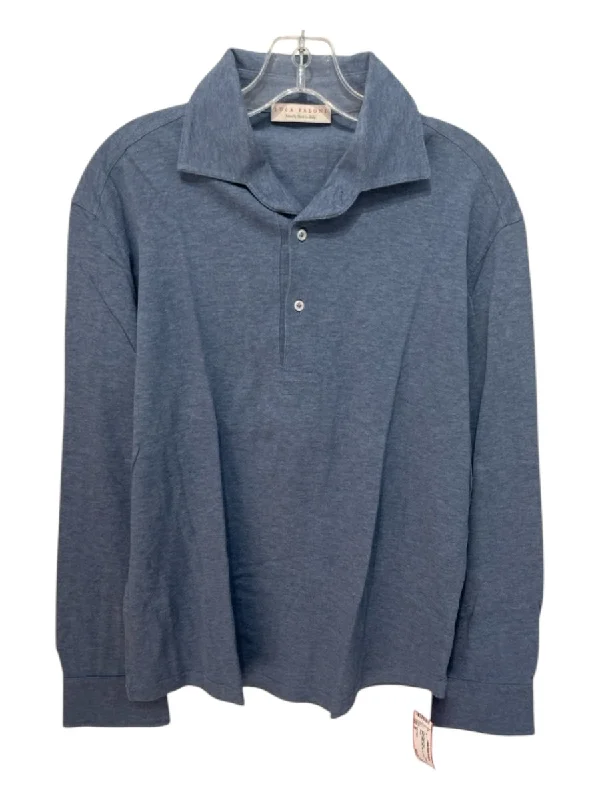Simple Elegance Luca Faloni Size M Blue Cotton Solid Polo Men's Long Sleeve Shirt