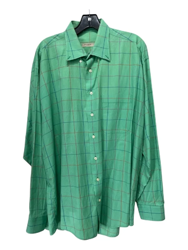 Burberry Size XL Lime Cotton Blend Grid Button Down Men's Long Sleeve Shirt