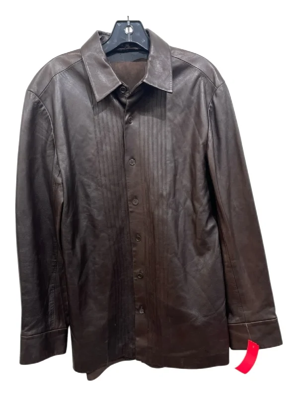 Floral Prints Theory Size M Brown Leather Solid Pleats Zip Up Men's Long Sleeve Shirt Floral Prints Theory Size M Brown Leather Solid Pleats Zip Up Men's Long Sleeve Shirt
