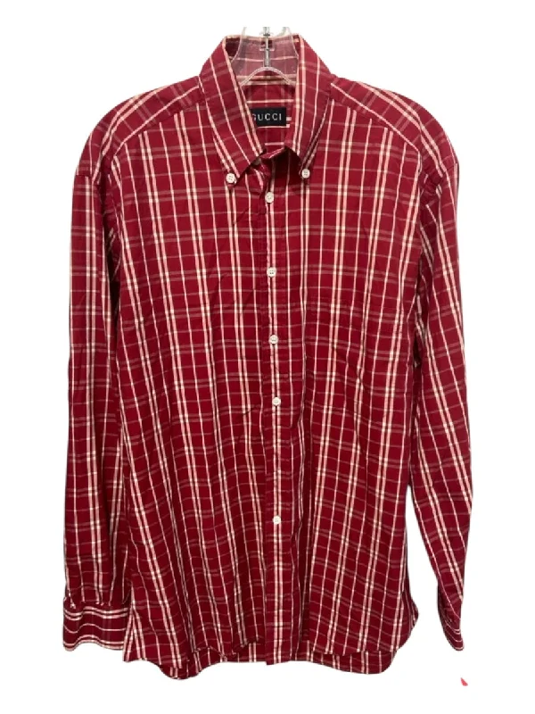 Personalized Outfit Gucci Size 15 Red & White Cotton Plaid Button Down Men's Long Sleeve Shirt Personalized Outfit Gucci Size 15 Red & White Cotton Plaid Button Down Men's Long Sleeve Shirt