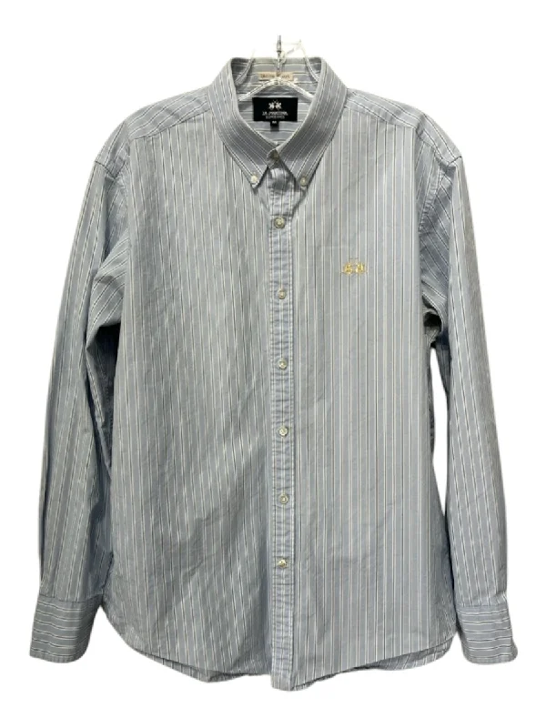 La Marina Size M Light Blue & White Cotton Blend Striped Men's Long Sleeve Shirt