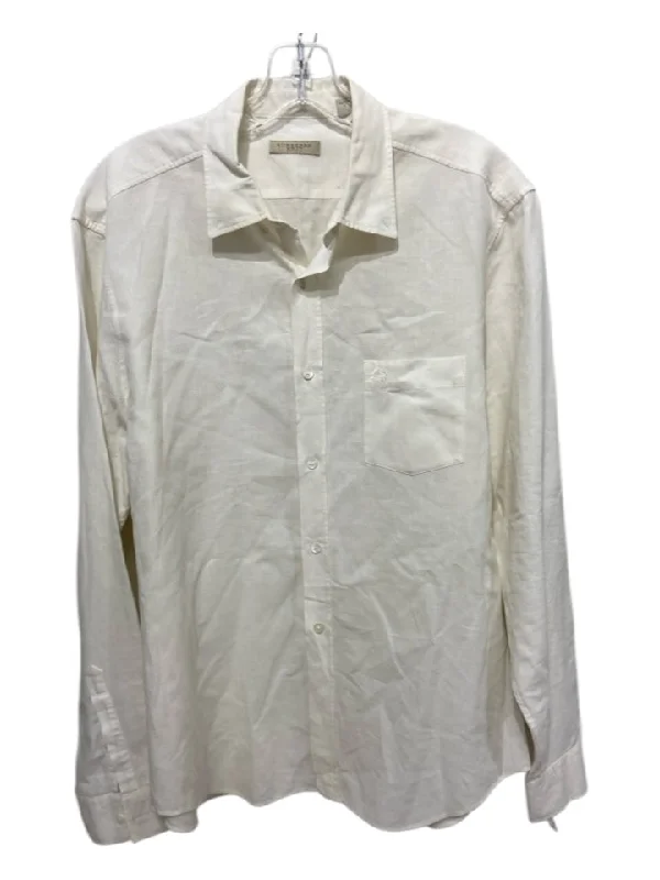 Soft Looks Burberry Brit Size L Off White Linen Solid Front Pocket Men's Long Sleeve Shirt Soft Looks Burberry Brit Size L Off White Linen Solid Front Pocket Men's Long Sleeve Shirt