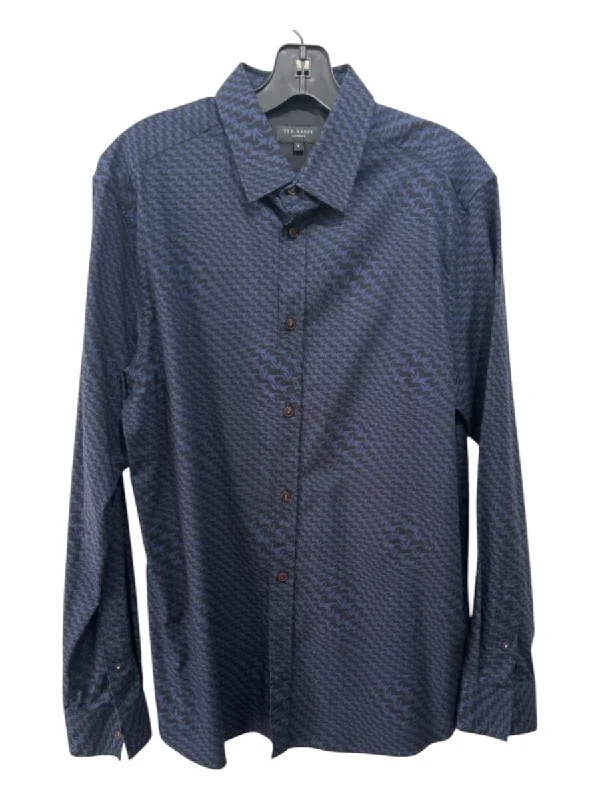 Sports Design Ted Baker Size 4 Blue & Navy Cotton Blend Abstract Button Down Long Sleeve Shirt Sports Design Ted Baker Size 4 Blue & Navy Cotton Blend Abstract Button Down Long Sleeve Shirt