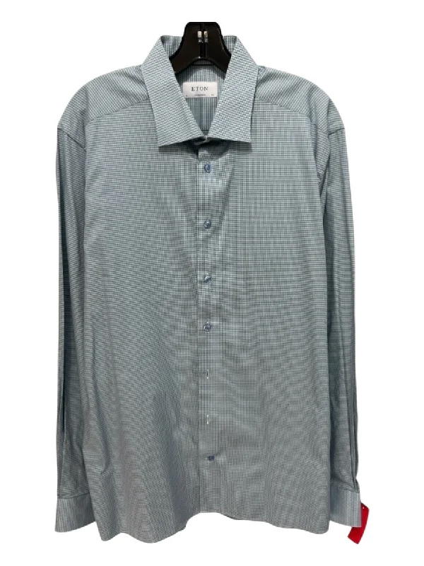 American Style Eton Size 44 Teal Cotton Micro Spread Collar Button Down Men's Long Sleeve Shirt American Style Eton Size 44 Teal Cotton Micro Spread Collar Button Down Men's Long Sleeve Shirt
