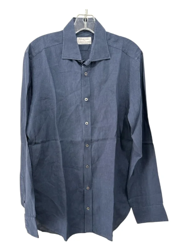 Lounge Wear Turnbull & Asser Size 15.5 Navy Linen Blend Solid Button Down Long Sleeve Shirt