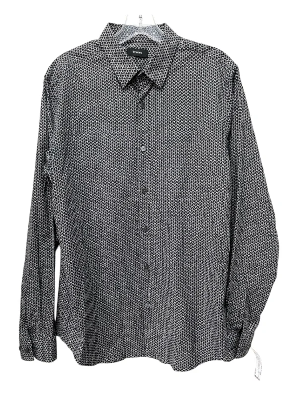 Theory Size L Black & Tan Cotton Blend Abstract Button Down Long Sleeve Shirt