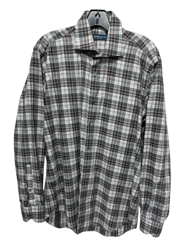 Effortless Wear Peter Millar Size M Gray & Red Cotton Plaid Button Down Men's Long Sleeve Shirt Effortless Wear Peter Millar Size M Gray & Red Cotton Plaid Button Down Men's Long Sleeve Shirt