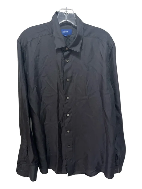 Fresh And Natural Eton Size L Black Silk Solid Button Down Men's Long Sleeve Shirt