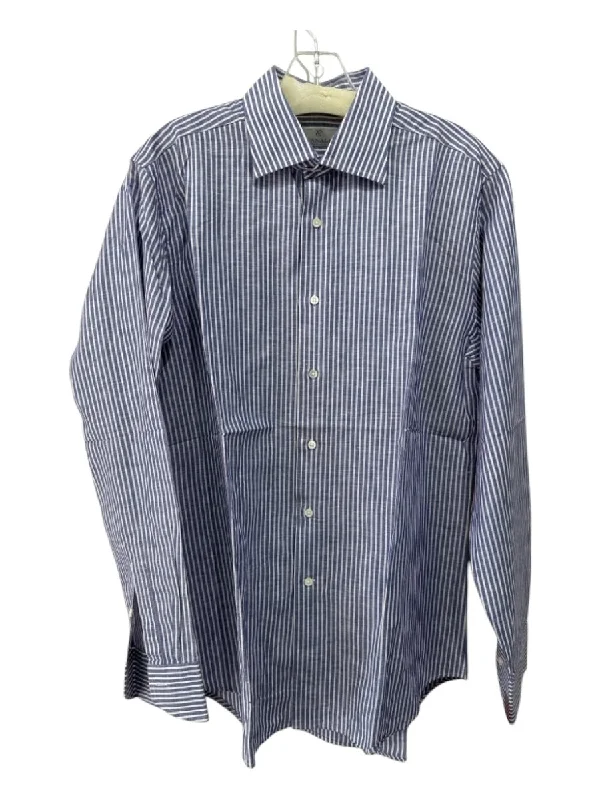 Weekend Style Canali Size 15 Blue & White Linen Blend Streak Button Down Long Sleeve Shirt Weekend Style Canali Size 15 Blue & White Linen Blend Streak Button Down Long Sleeve Shirt