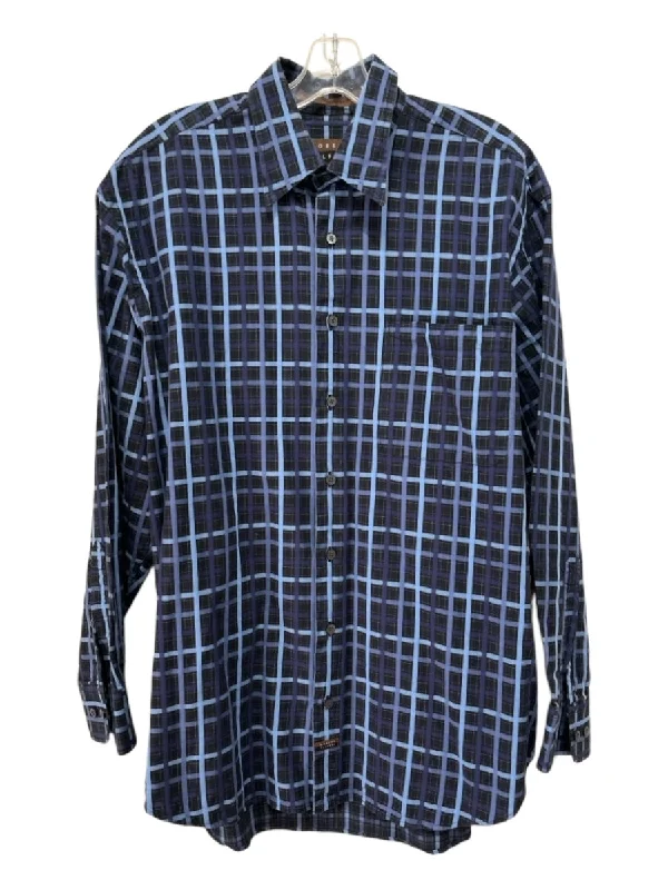 Robert Talbott Size L Navy & Light Blue Cotton Blend Lines Long Sleeve Shirt