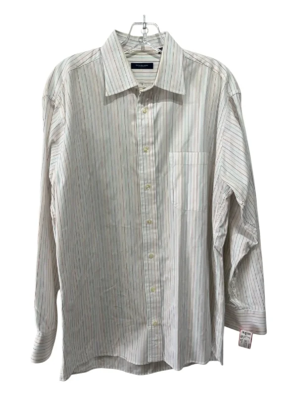 Slim Fit Burberrys Size 16 White & Multi Cotton Striped Button Down Long Sleeve Shirt