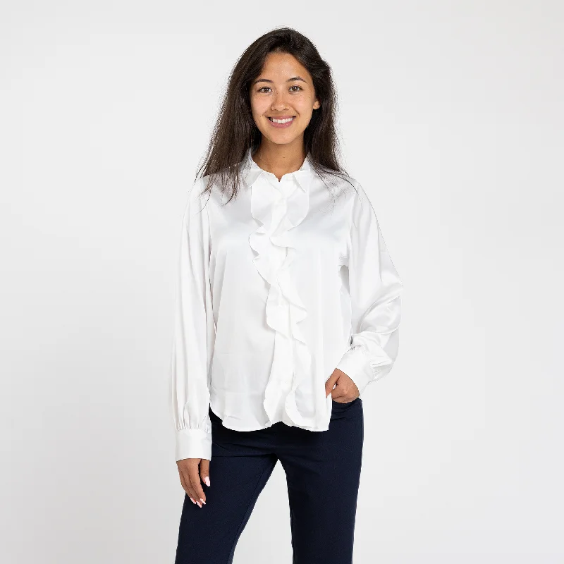 Printed Patterns Women's White Ruffle Front Blouse