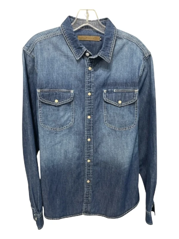 Economic Outlook Vigoss Size M Medium Light Wash Cotton Blend Solid Western Long Sleeve Shirt Economic Outlook Vigoss Size M Medium Light Wash Cotton Blend Solid Western Long Sleeve Shirt