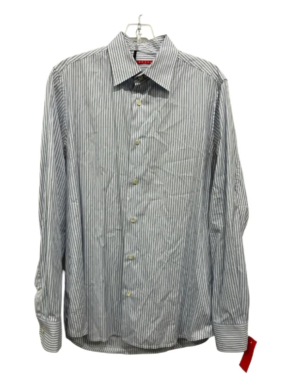 Classic Style Prada Size 38 Blue & White Cotton Striped Button Down Men's Long Sleeve Shirt Classic Style Prada Size 38 Blue & White Cotton Striped Button Down Men's Long Sleeve Shirt