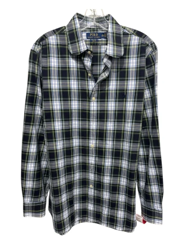 Youthful Vitality Polo Size L Green & Navy Cotton Plaid Button Down Men's Long Sleeve Shirt Youthful Vitality Polo Size L Green & Navy Cotton Plaid Button Down Men's Long Sleeve Shirt