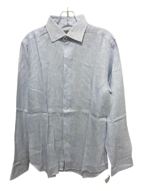 Versatile Style Canali Size 15.5 Light Blue & White Linen Striped Button Down Long Sleeve Shirt Versatile Style Canali Size 15.5 Light Blue & White Linen Striped Button Down Long Sleeve Shirt