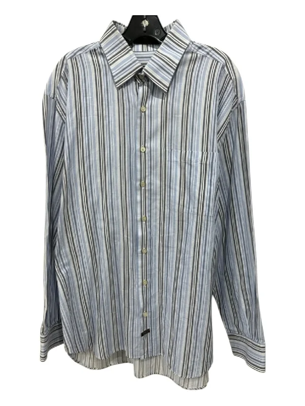 Robert Talbott Size XL Light Blue & Brown Print Cotton Striped Long Sleeve Shirt