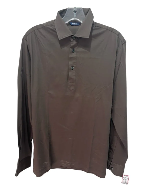 Modern Comfort Boggi Size M Brown Cotton Solid Polo Men's Long Sleeve Shirt