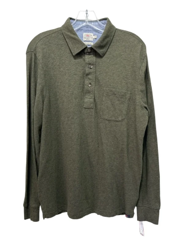 Comfy Pants Faherty Size M Olive Cotton Blend Solid Polo Men's Long Sleeve Shirt