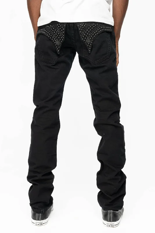 Cozy Fit Wear MENS LONG FLAP SLIM JEANS WITH FULL CRYSTALS & STUDS IN PURE BLK WASH Cozy Fit Wear MENS LONG FLAP SLIM JEANS WITH FULL CRYSTALS & STUDS IN PURE BLK WASH
