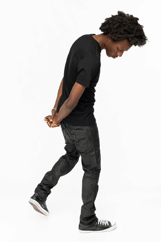 Comfy Chic MENS MOTO BIKER JEANS IN BLACK DY FABRIC