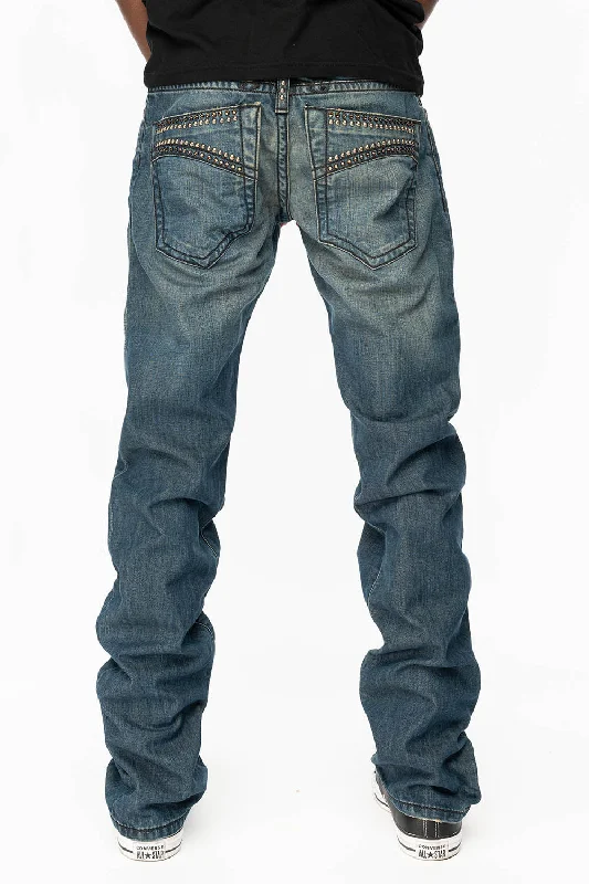 All-Day Style MENS CLASSIC 5 POCKET STRAIGHT LEG JEANS IN SMOKEY MEDIUM WASH WITH STUDS AND CRYSTALS All-Day Style MENS CLASSIC 5 POCKET STRAIGHT LEG JEANS IN SMOKEY MEDIUM WASH WITH STUDS AND CRYSTALS