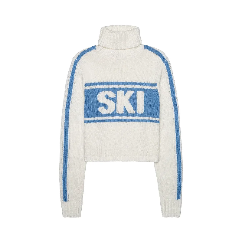 Cozy Fitting Cropped Vintage Ski Turtleneck Sweater in Ivory Blue
