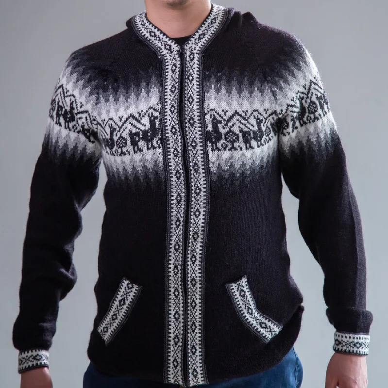 Modern Tailoring Mens Little Llamas Hooded Sweater Alpaca Wool Knitted Jacket Hoodie