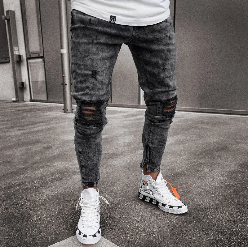 Comfortable Jeans Fashion Pure Color Ripped Men's Denim Jeans