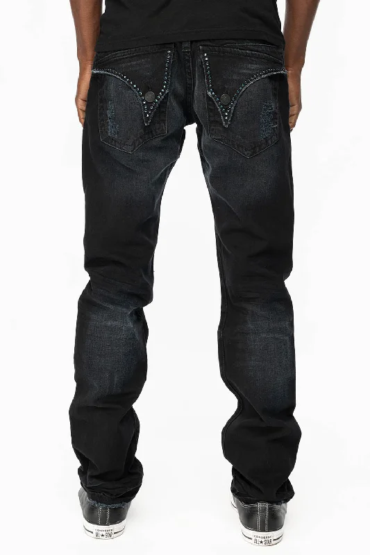 Easy Chic Wear MENS LONG FLAP SLIM JEANS WITH CRYSTALS AND STUDS IN F-UP BLACK WASH Easy Chic Wear MENS LONG FLAP SLIM JEANS WITH CRYSTALS AND STUDS IN F-UP BLACK WASH