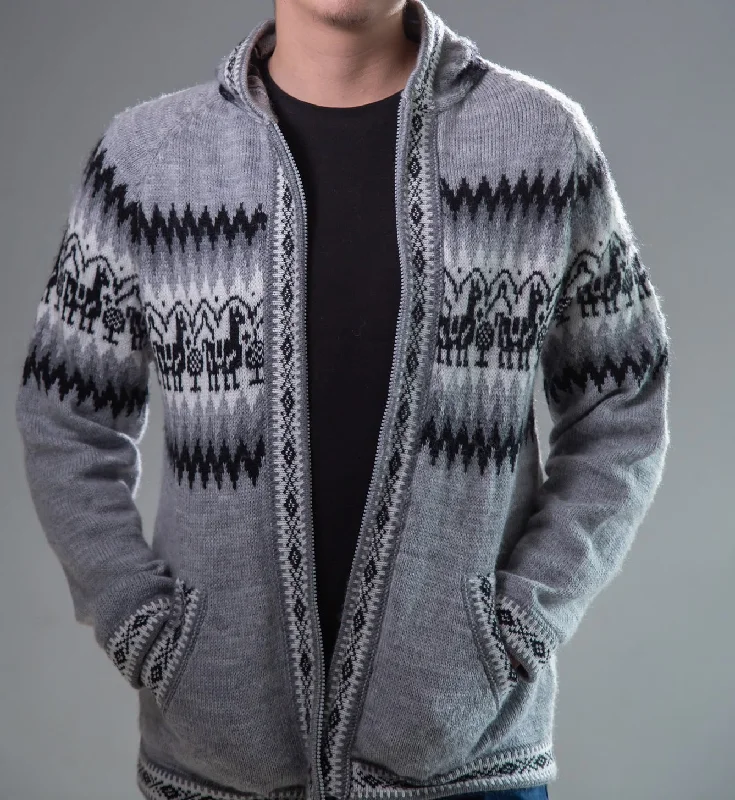 Age-reducing Style Mens Little Llamas Hooded Sweater Alpaca Wool Knitted Jacket Hoodie