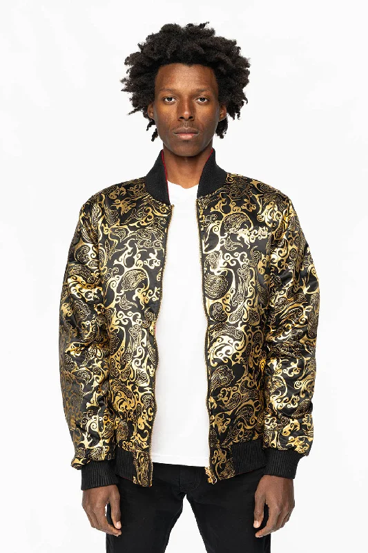 All-Day Wear ROBIN’S REVERSIBLE VARSITY BOMBER JACKET IN BLACK/GOLD