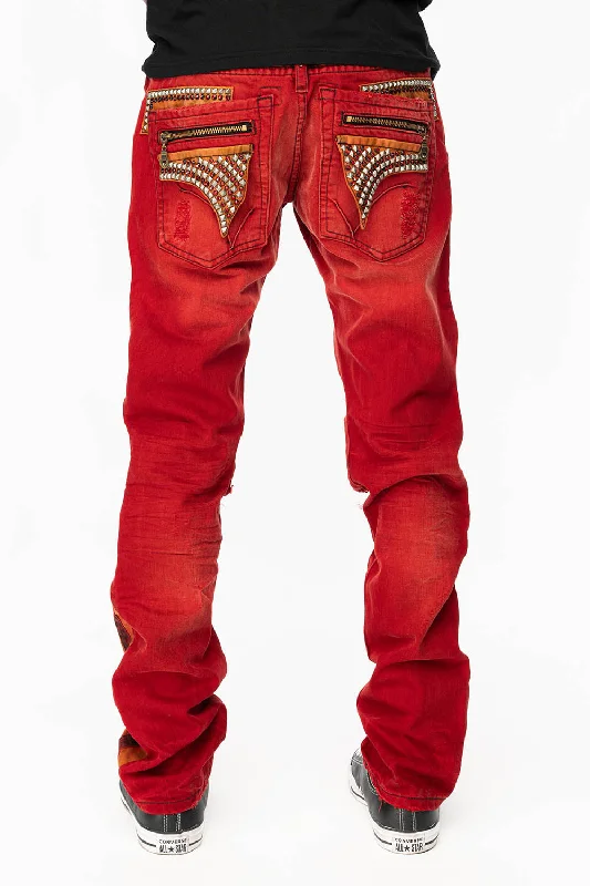 Cozy Lifestyle MINI FLAP MENS SLIM JEANS IN F-UP RED BROKEN WASH WITH CRYSTALS AND STUDS Cozy Lifestyle MINI FLAP MENS SLIM JEANS IN F-UP RED BROKEN WASH WITH CRYSTALS AND STUDS