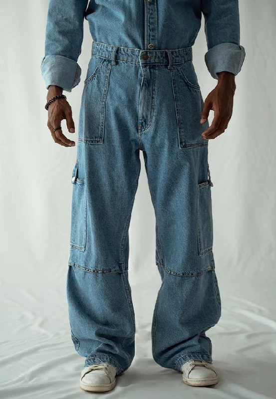 High-end Fashion Straight Fit Cargo Pocket Jeans - Mid Blue