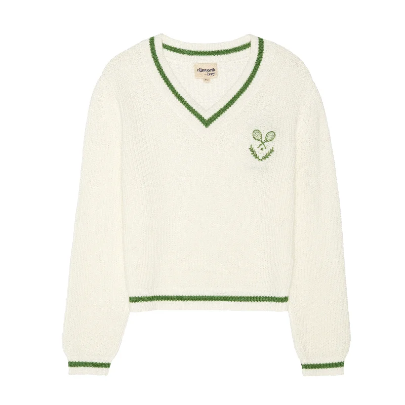 Urban Chic Varsity Tennis Club V-Neck Sweater in Ivory