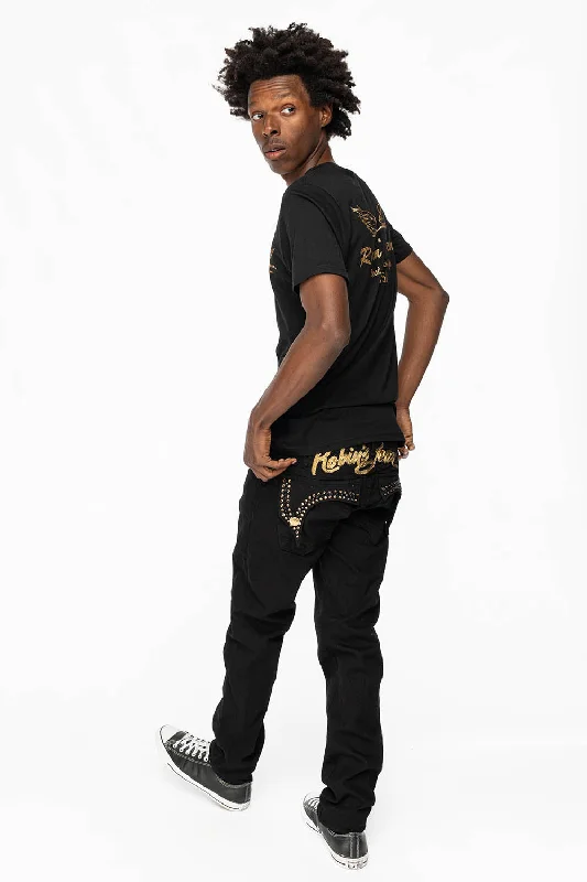 Soft Looks KILLER FLAP MENS SKINNY JEANS IN PURE BLACK WITH GOLD ROBIN’S LOGO AND CRYSTALS Soft Looks KILLER FLAP MENS SKINNY JEANS IN PURE BLACK WITH GOLD ROBIN’S LOGO AND CRYSTALS