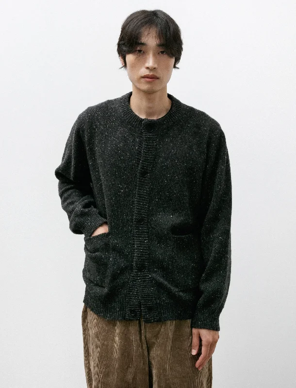 Soft Comfort Crewneck Cardigan Recycled Cashmere Wool Charcoal Donegal