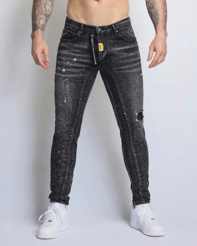 Effortless Looks Spray Paint Ripped Black Jeans with Special Zipper Design