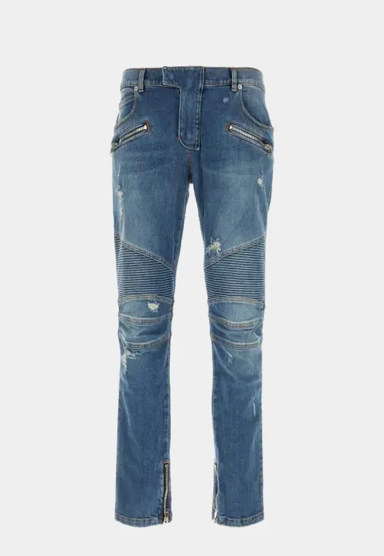 Classic And Versatile Balmain Biker Denim Pants - Vintage Blue Wash -
Slim Jeans Raw Blue