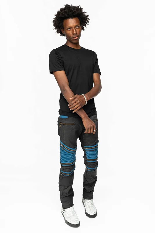 Weekend Wear MENS THE SHOW BIKER JEANS IN BLACK DY FABRIC WITH BLUE INSERTS