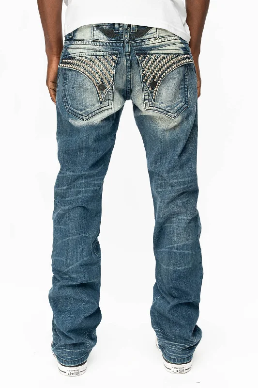 Smart Comfort Wear KILLER FLAP STRAIGHT LEG JEANS WITH CRYSTALS AND PYRAMID IN VINTAGE MEDIUM WASH Smart Comfort Wear KILLER FLAP STRAIGHT LEG JEANS WITH CRYSTALS AND PYRAMID IN VINTAGE MEDIUM WASH